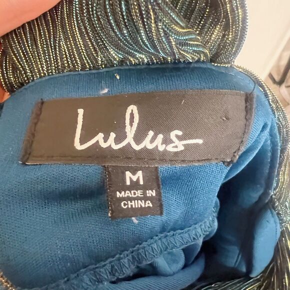 Lulus Ailey Gold and Teal Blue Metallic Skater Dress Women's Size M - Picture 5 of 6